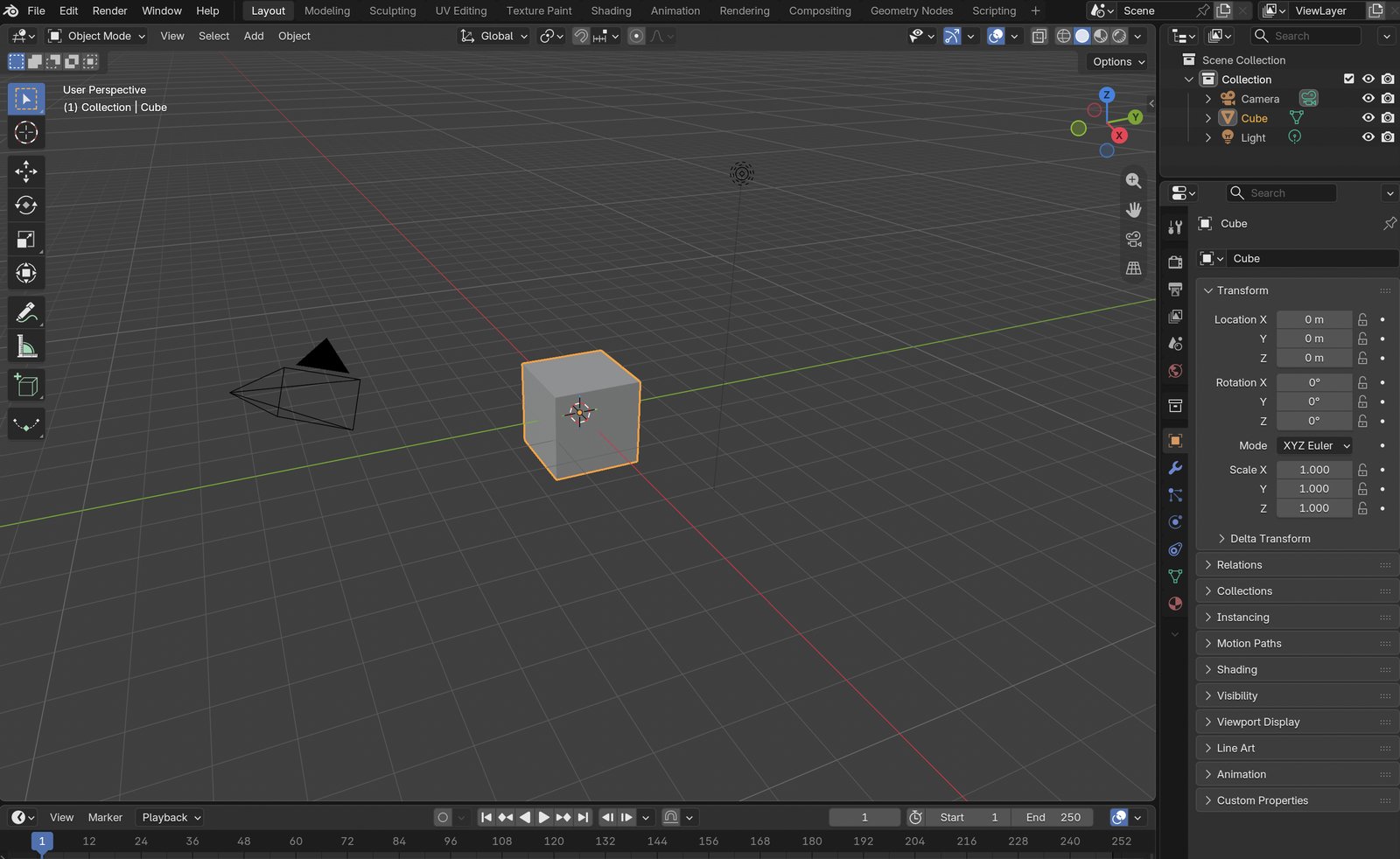 Blender を新規に開いた画面。中央に立方体、左にカメラ、右上に部品の一覧が並ぶ
